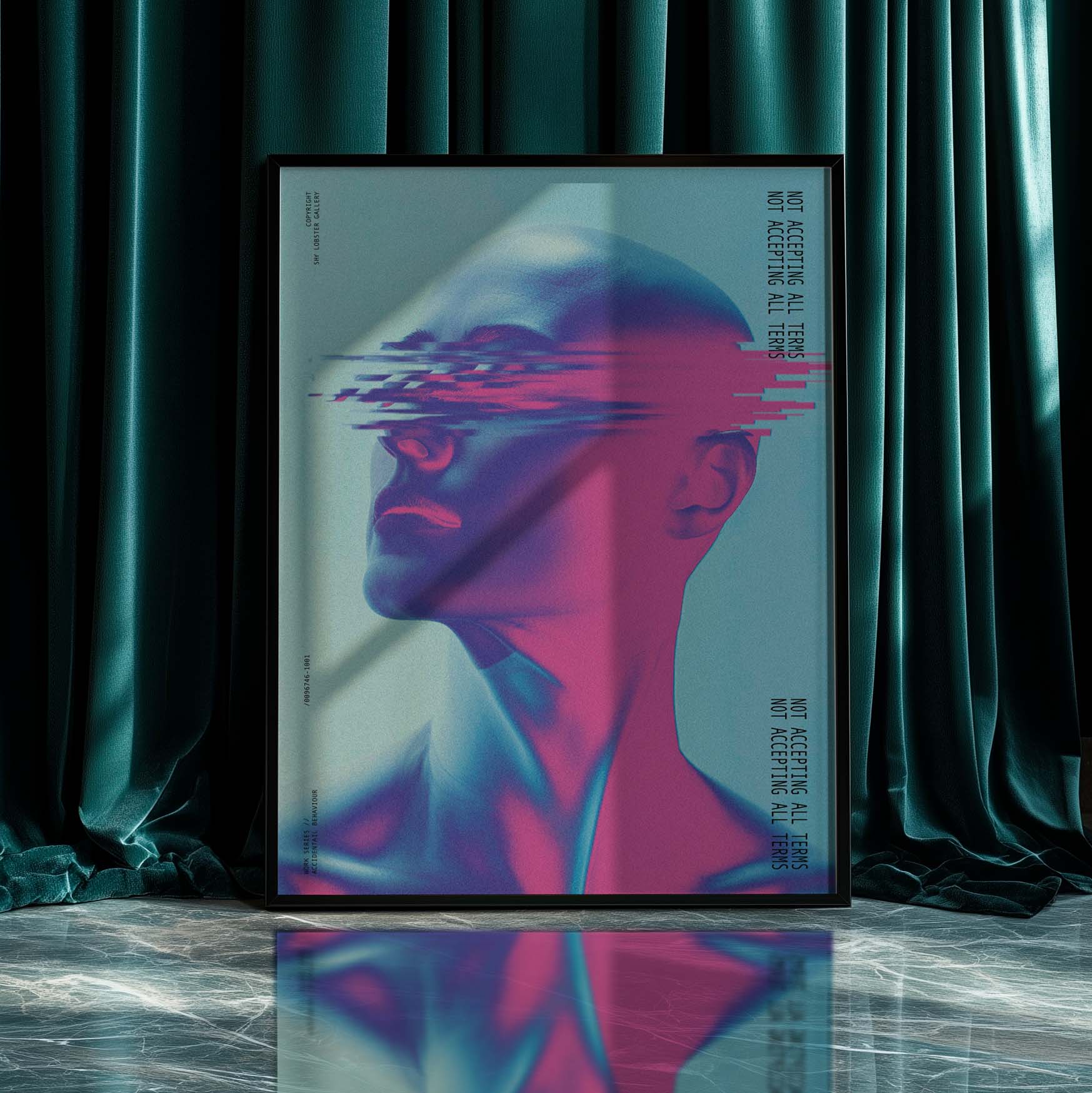 "A modern glitch-inspired poster featuring an anonymized person with distorted, 'glitched' eyes and the text 'Not Accepting Terms', symbolizing resistance to surveillance in a digital society. The design uses vibrant blue and pink colors. in a frame"