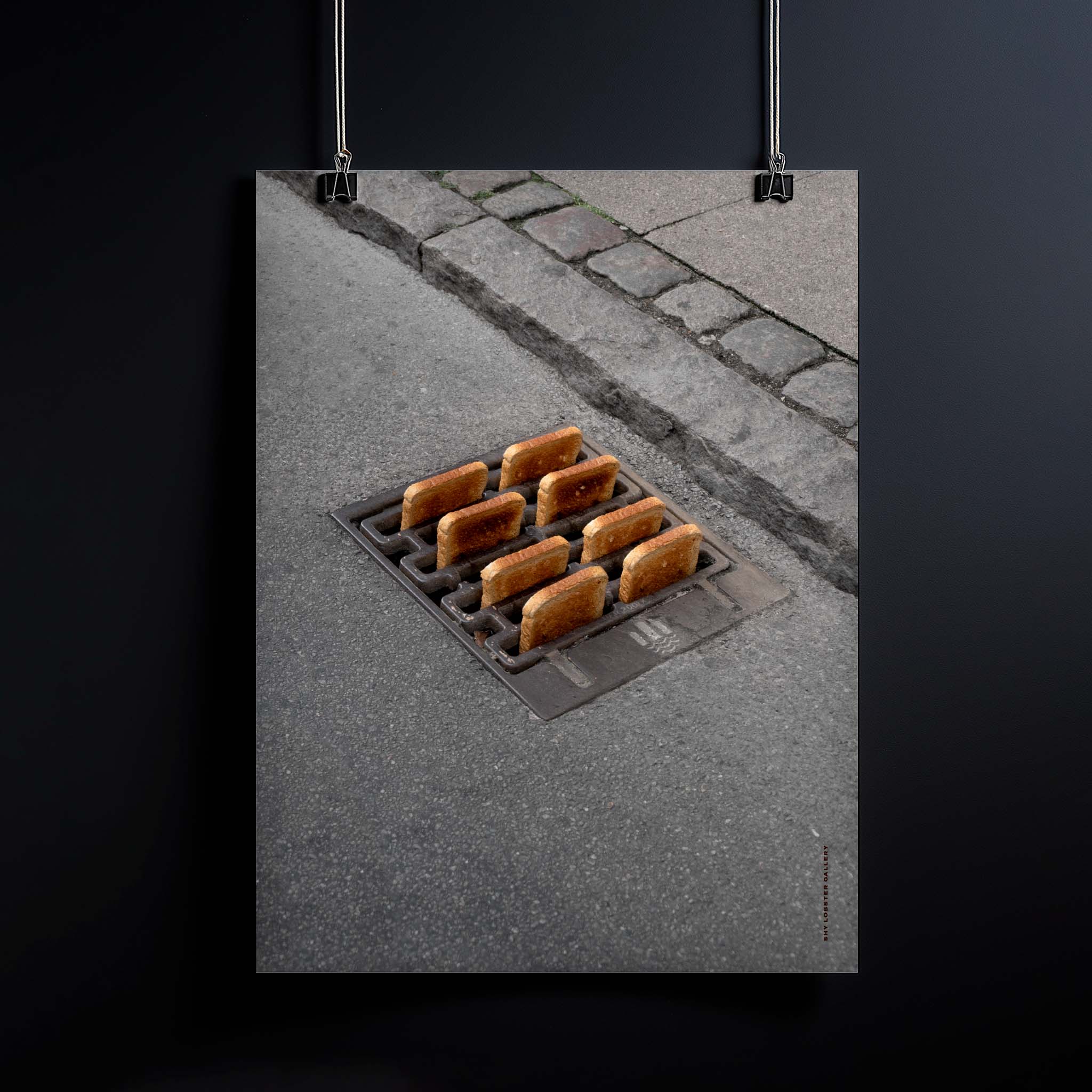 "Toast" – Graphic poster featuring a piece of toast popping out of a sewer grate, designed with gray and brown shades. A quirky, humorous print that adds a fun and unexpected touch to any room, perfect for unique and eclectic decor.