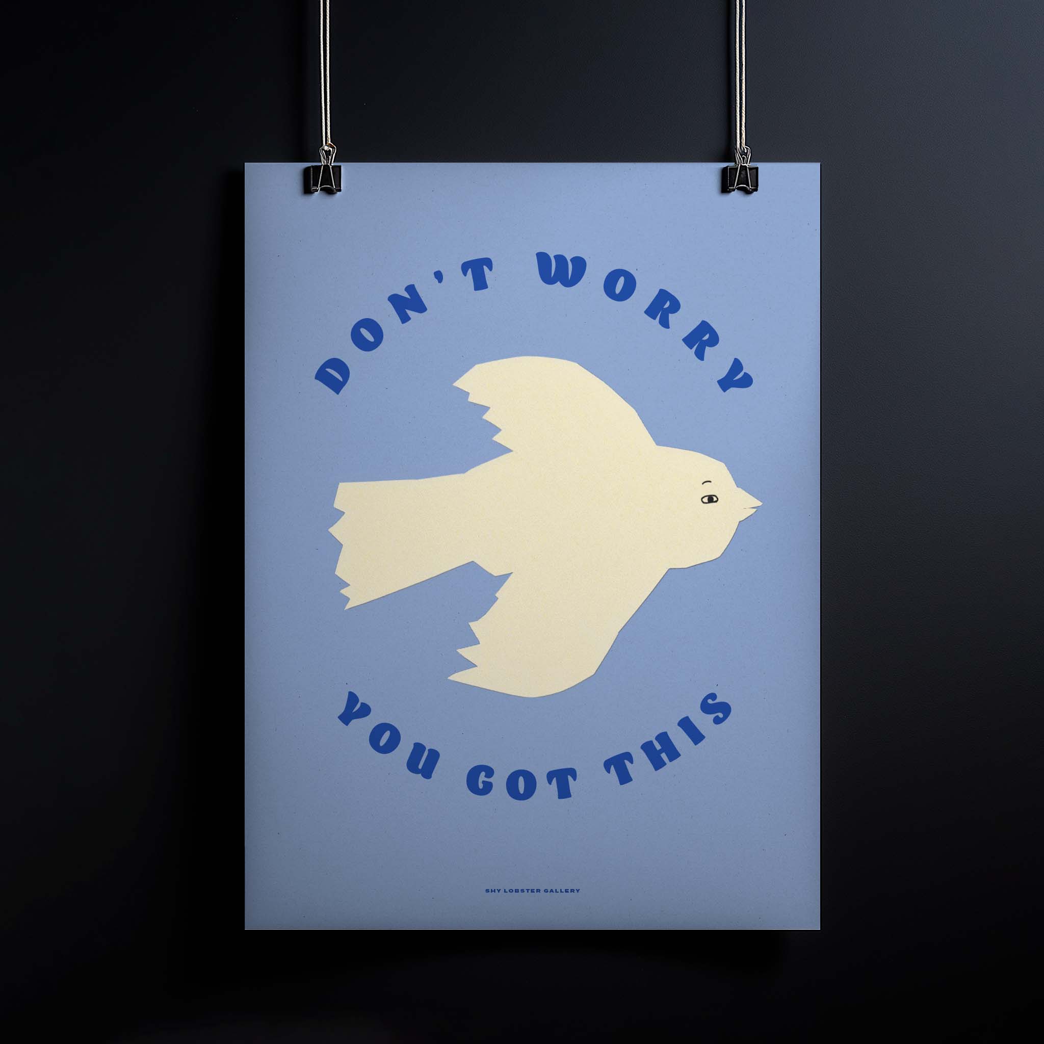 "Bird" – Inspiring kids' poster featuring a simple paper-cut style bird in flight with the text "Don't worry – you got this." A cute and minimalist blue-toned print designed to encourage confidence and self-belief in children. Perfect for nurseries, playrooms, and classrooms.